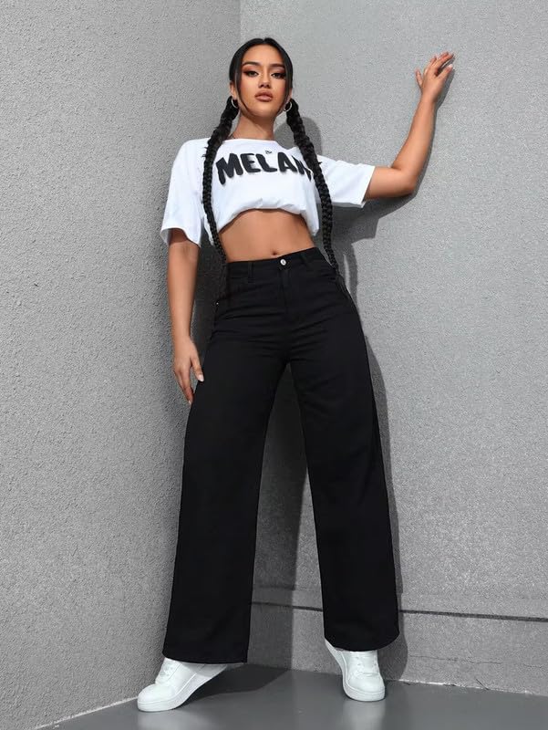 London Hills Women’s High Rise Wide Leg Jeans | Relaxed Fit Baggy Denim Pants | Stylish Straight Fit Comfortable Casual Wear Jeans for Women (Black)