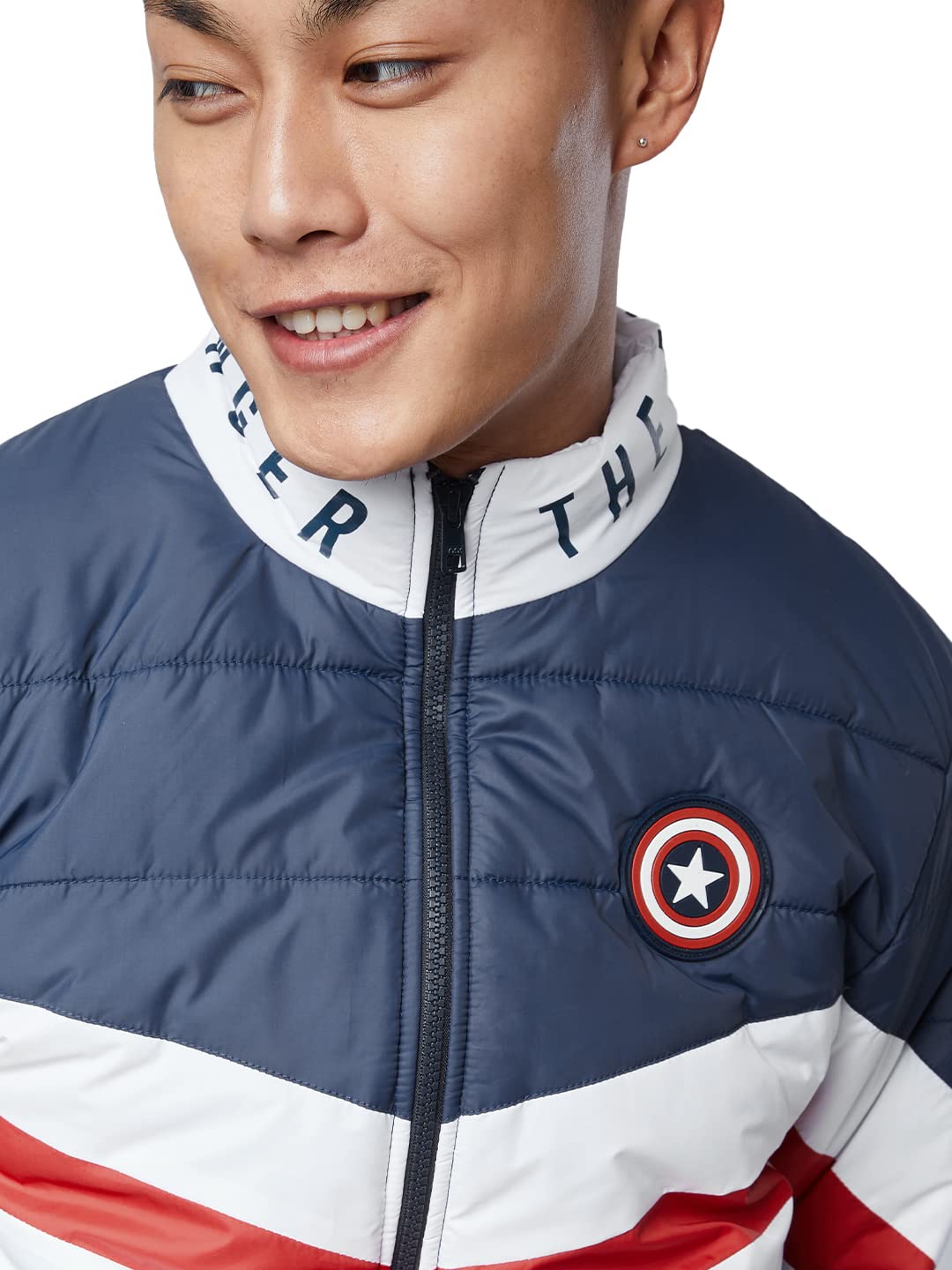 The Souled Store| Official Captain America: Blue & Red Mens and Boys Jackets|Full Sleeve|Regular fit Graphic Printed| 100% Polyester Multicolored Men Puffer Jackets