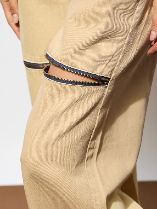 Beige Zipper Design Baggy Jeans