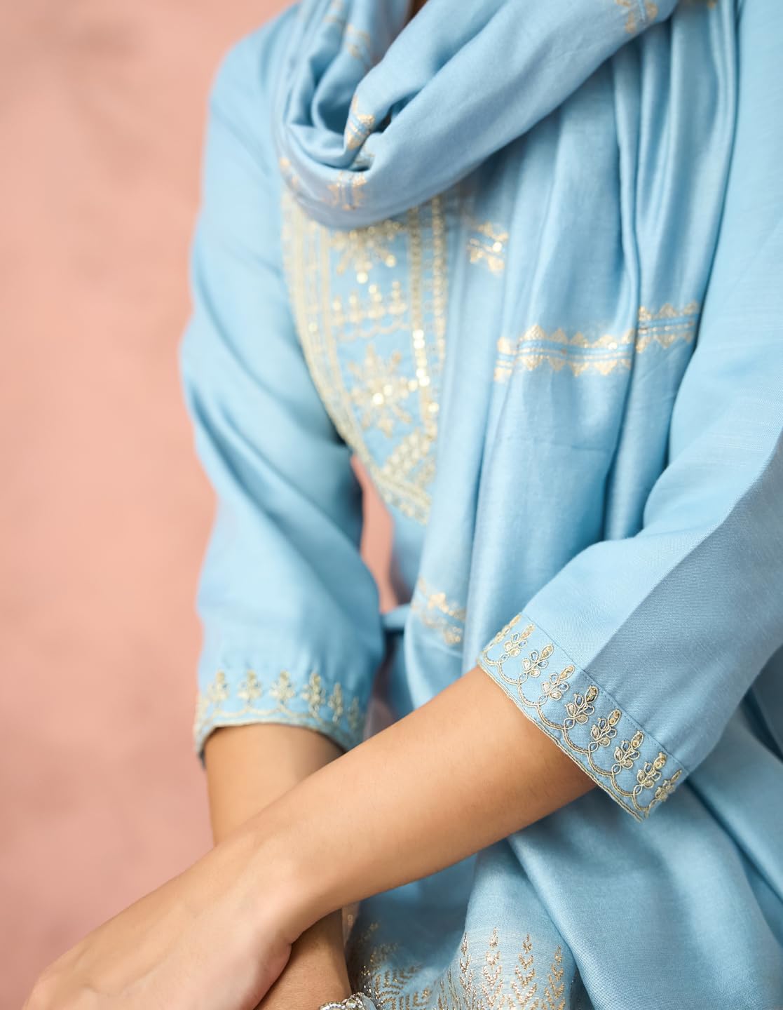 Hritika Blue Cotton Blend Sequined Embroidered Kurta with Pant and Dupatta_HRKBD0219LBLUE_M