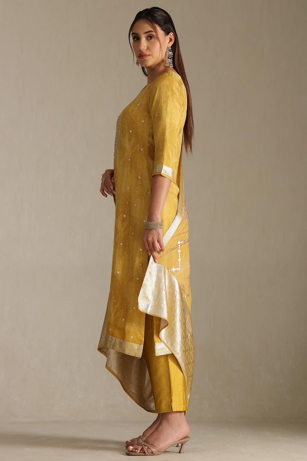 Soch Womens Mustard Organza Zari Woven Suit Set With Faux Mirror And Sequins