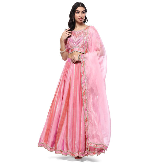 Pink Polyester Straight Lehenga Set