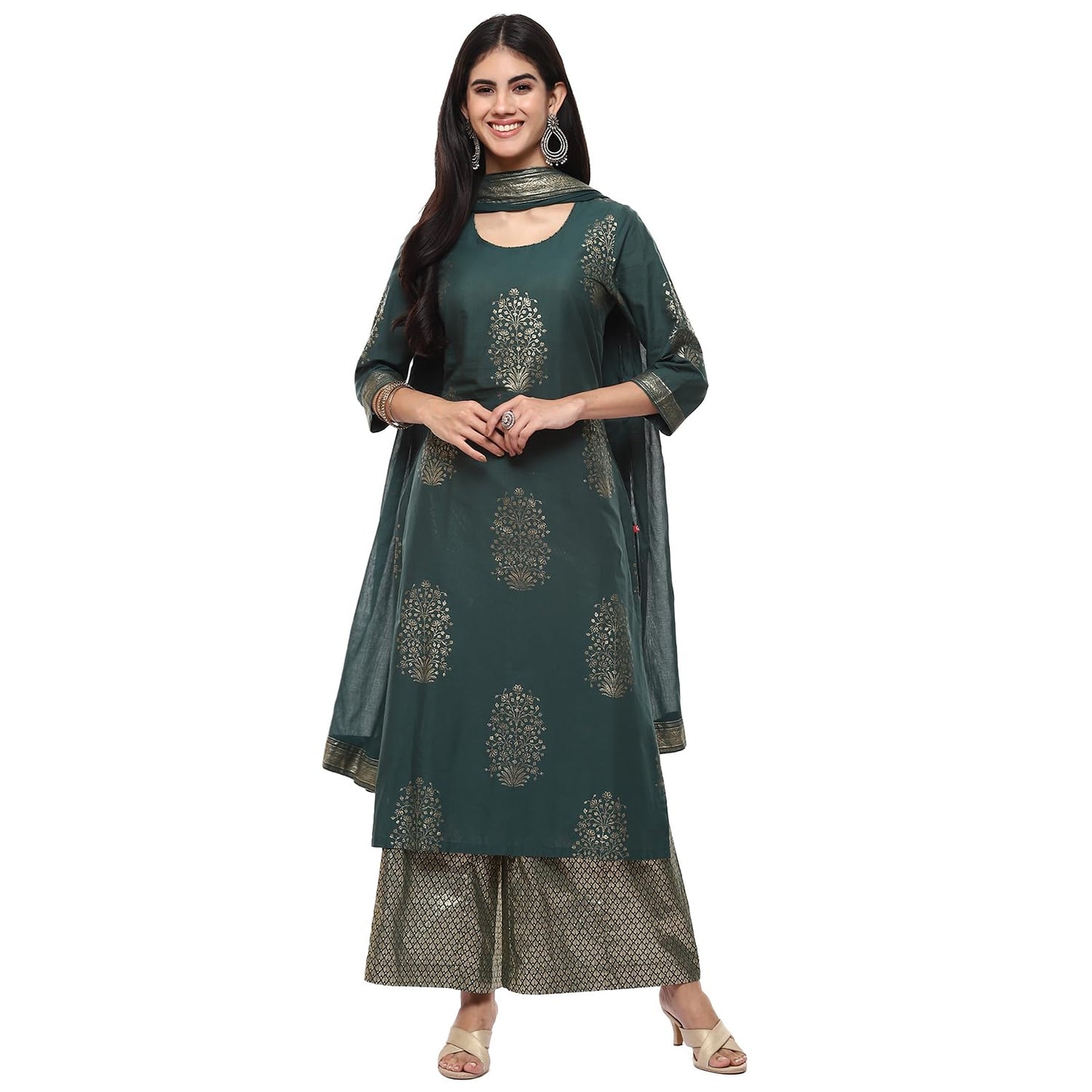 BIBA Cotton Women Printed Straight Salwar Kurta Dupatta(Skdassorted7074E_Green_38)