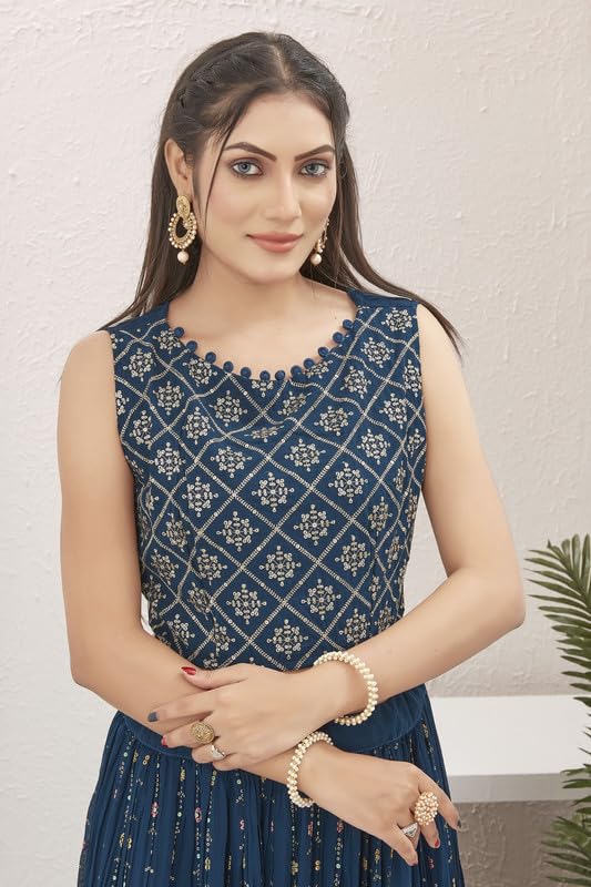 Samprag Georgette Lehenga Choli Set for Womens | 3/4 Sleeve |Round Neck |Ideal for Wedding & Party Occassions | Blue | XL