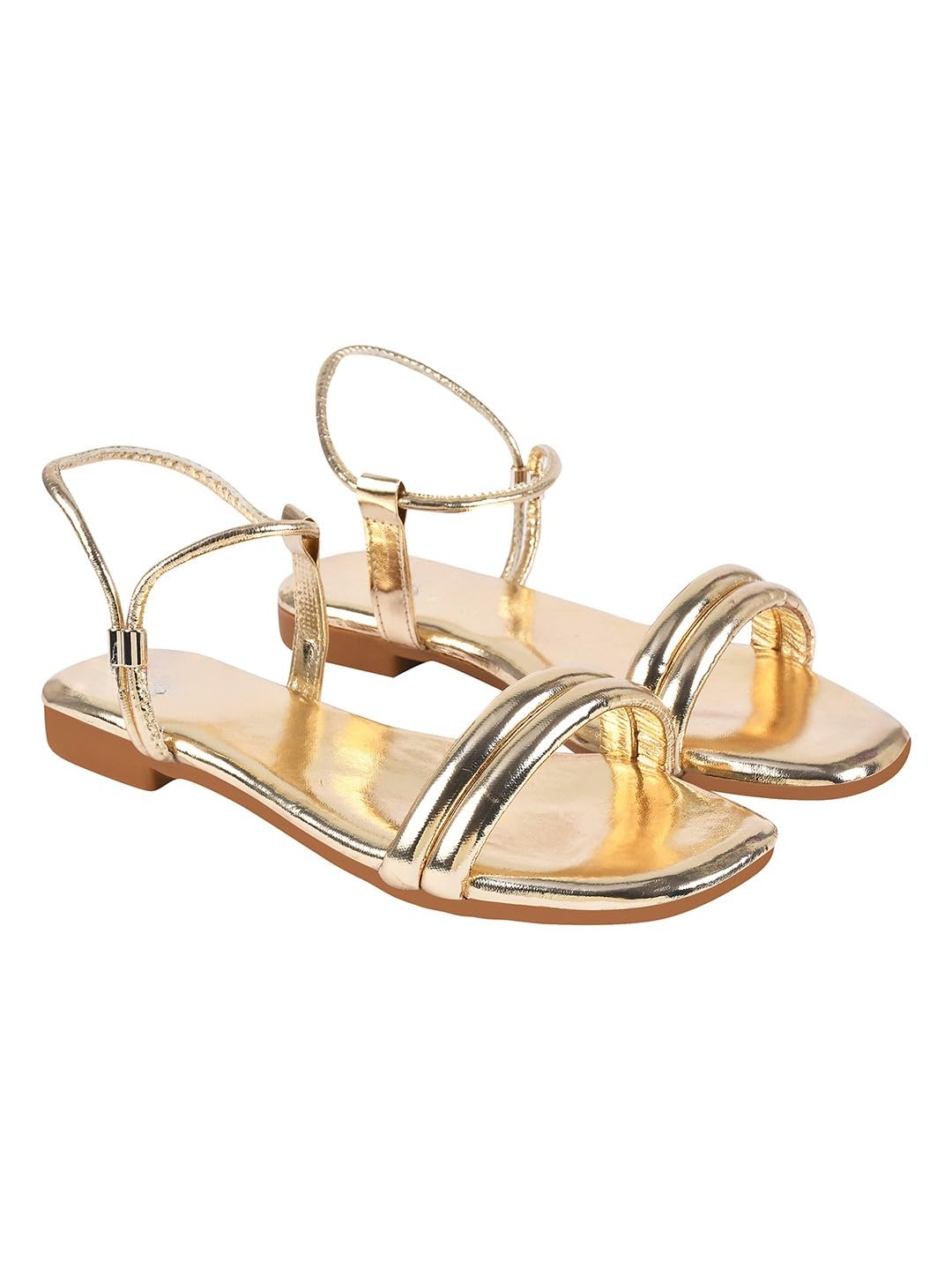GLEMATOZ Embellished Backstrap Golden Flat Sandals For Women & Girls Casual & Festive Comfortable Casual Stylish Summer & Party Footwear EU41