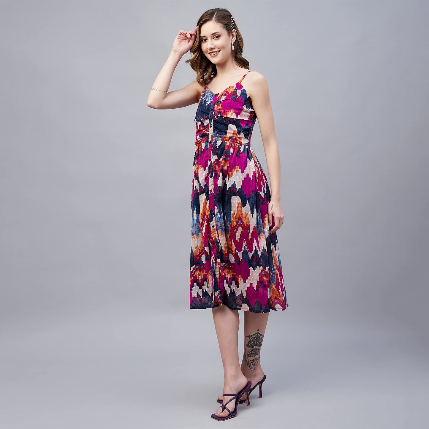 Carlton London Women's Chiffon Fit and Flare Midi Dress (CL659A_Multi_XL) Multicolour