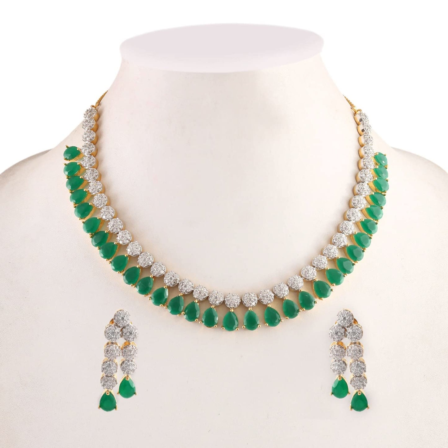 Jewar Mandi Necklace Set Ad Cz Silver Gold Plated Two Tone Gemstone Jewelry for Women & Girls (Green Emerald)