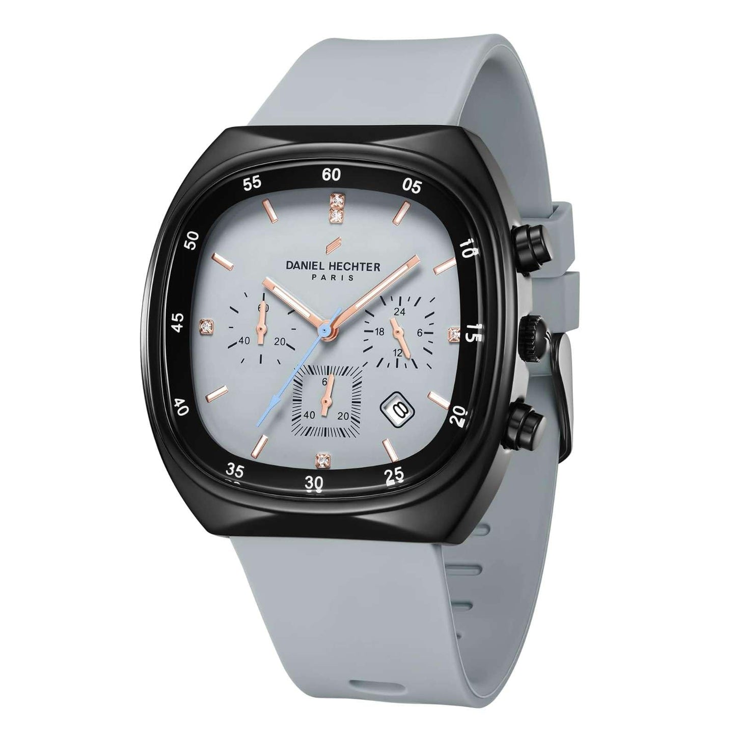 Daniel Hechter Paris Bercy Collection Modern Multi Functional Watch for Men with Square Dial and Silicon Band-DHM1001 (Dial: Black Strap: Grey)