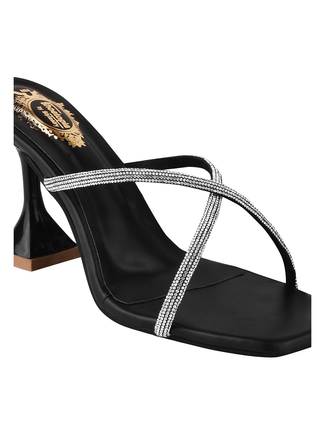 Shoetopia Women’s Rhinestone Strappy Black Heeled Sandals – Square Toe Mule Slides, Sparkly Crystal Thin-Strap Dress Heels with Flared Block Heel – Bridal/Party & Casual Footwear EU37