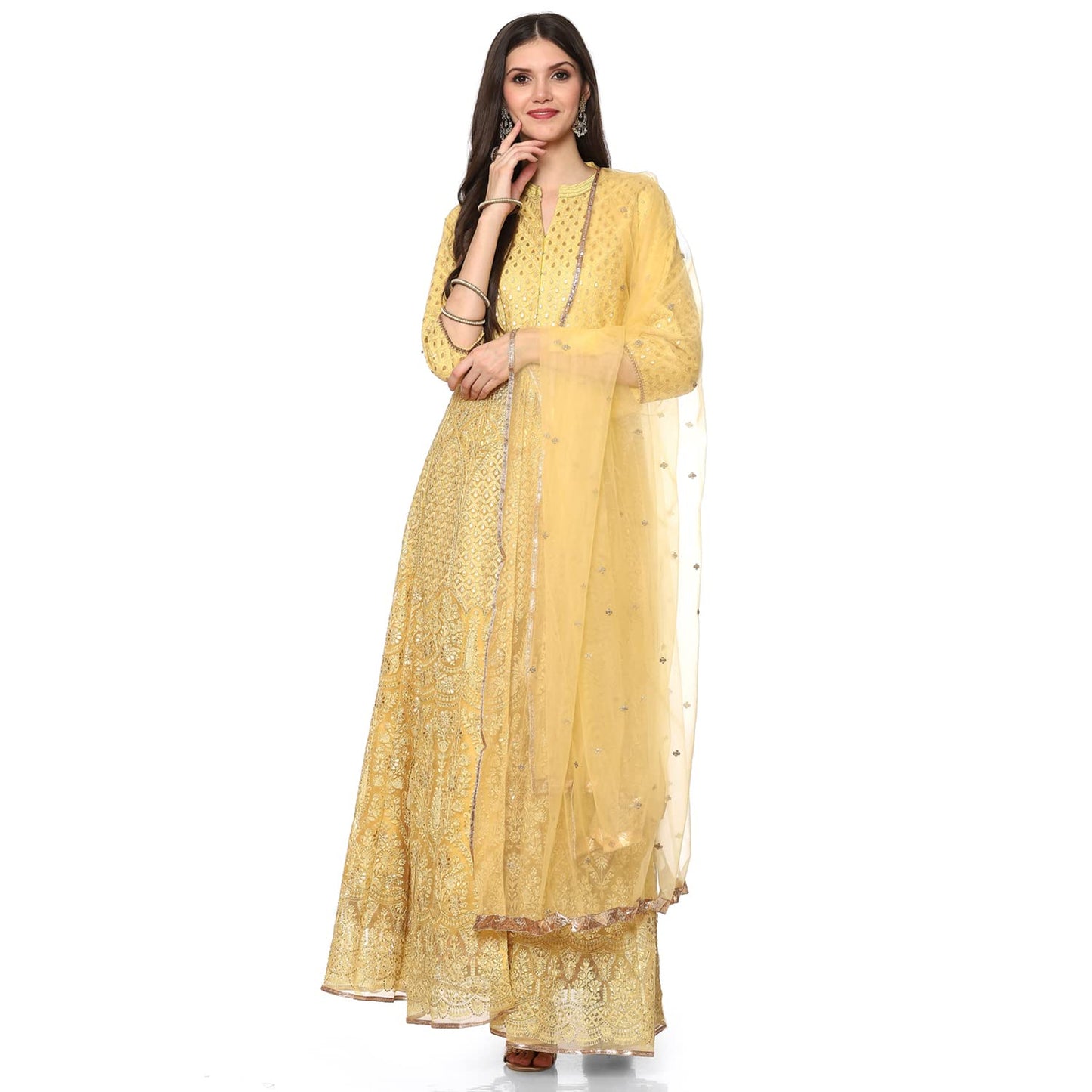 BIBA WOMEN EMBROIDERY FLARED SALWAR KURTA DUPATTA(SKD6463_YELLOW_36)