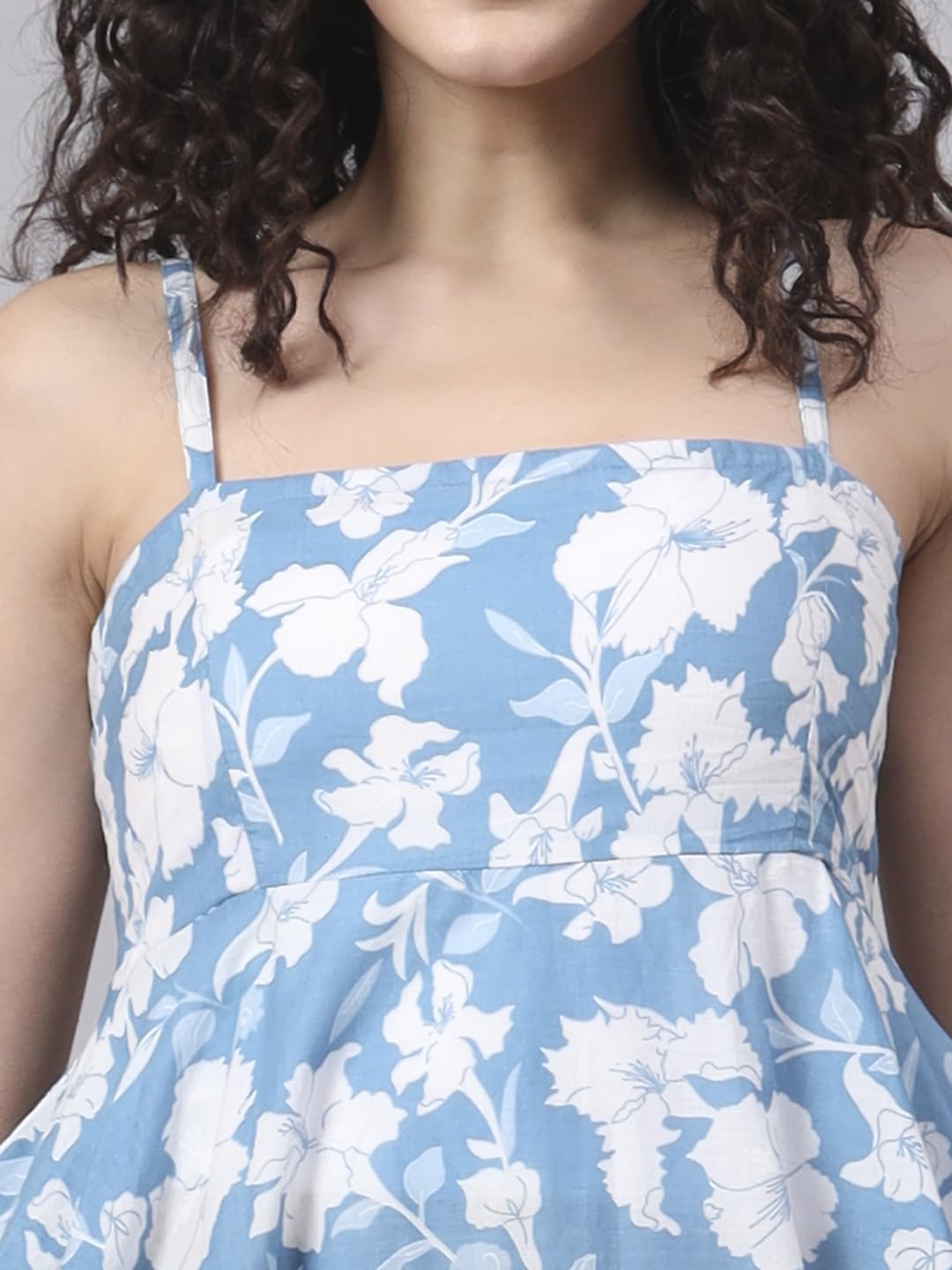 Divena Blue Floral Shoulder Straps Cotton Dress