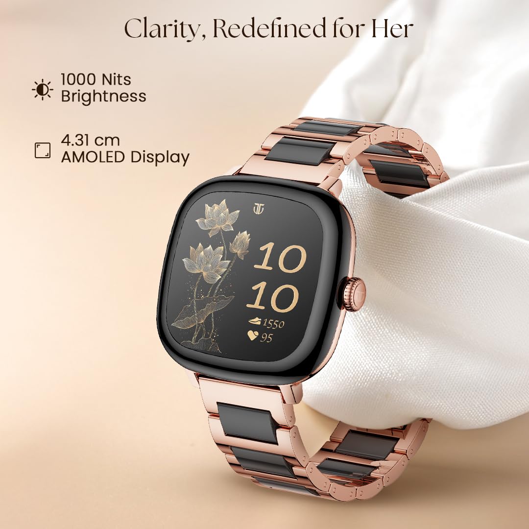 Titan AiRA 1.70" AMOLED Metal Case Square Display Smart Watch With Silicone Strap Stress Monitoring,1000 Nits, Functional Crown, AI Enabled,IP68 Water resistant Upto 5 Days Battery - Rose Gold+Ceramic