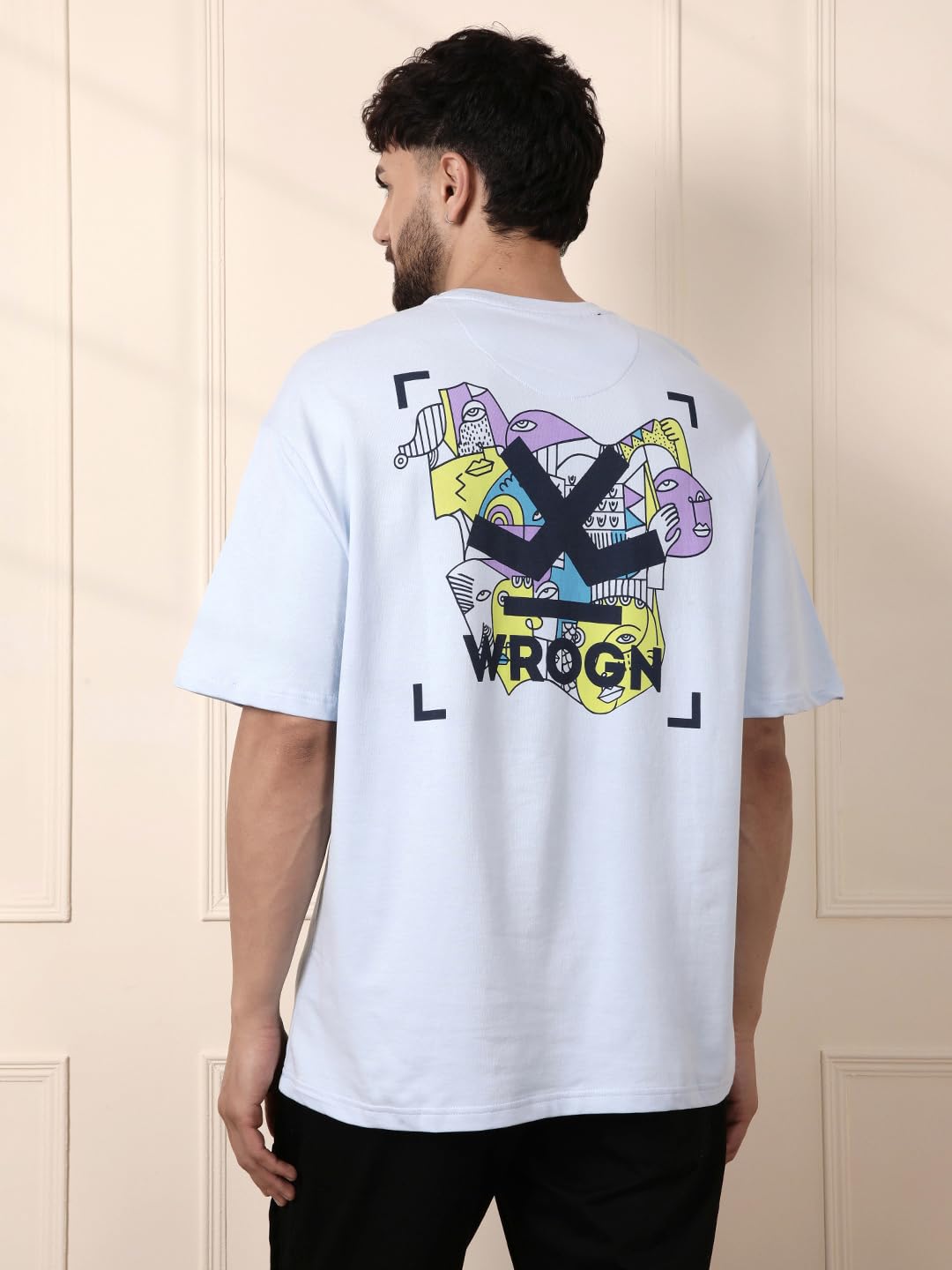 WROGN Men's 220 GSM Pure Cotton Terry T-Shirt | Front & Back Graphic Print | Oversized Fit | Blue | M