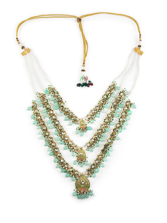 Priyaasi Sea Green Studded Buds Beaded Multilayer Gold-Plated Jewellery Set For Women