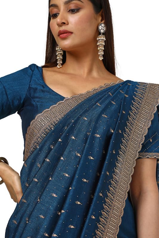 Soch Womens Blue Tussar Embroidered Saree With Stone Work
