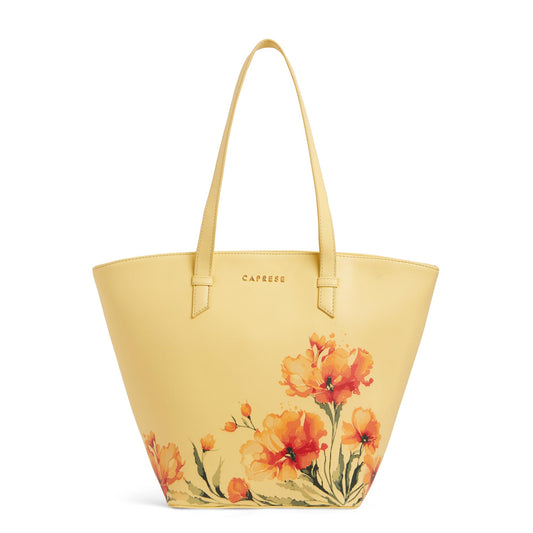 Caprese Chloe Large Floral Satchel Bag for Women|Stylish,Durable,Spacious Interior Shoulder Bag for Work, Travel,Everyday Use with Multiple Compartments for Organization and Comfort (Yellow)