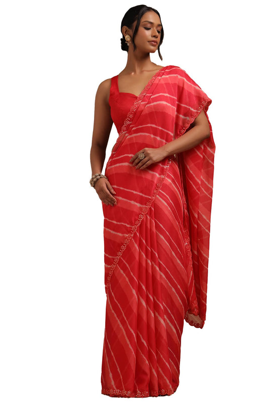 Soch Womens Red Georgette Leheriya Print Saree With Sequins