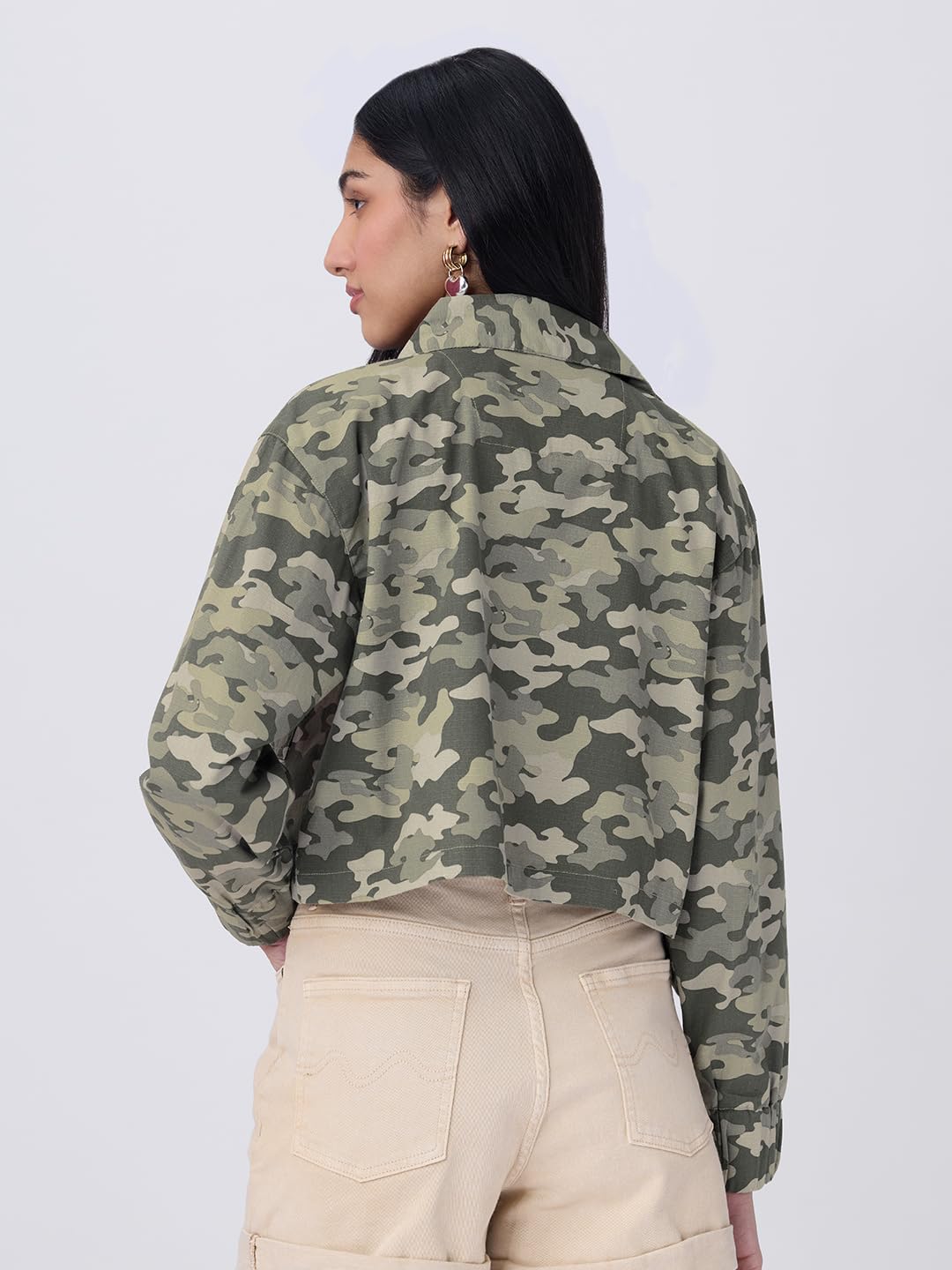 The Souled Store: Desert Olive Women and Girls Full Sleeves Spread Collar Camouflage Printed Cotton Oversized Fit Lightweight Utility Jacket
