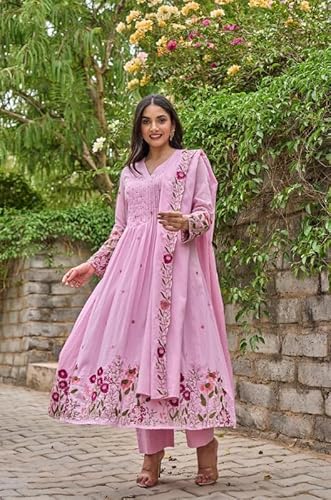 AVYUKTHA | Women Floral Embroidered Tiered Kurta with Palazzos & Dupatta | Thread Work Ethnic Set for Festive, Casual & Party Pink, Size- M