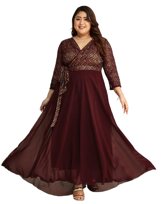 Miss Chase A+ Women's V-Neck 3/4 Sleeve Floral Wrap Maxi Dress (APSS21D14-67-758-08, Mulberry Wine, 3XL)
