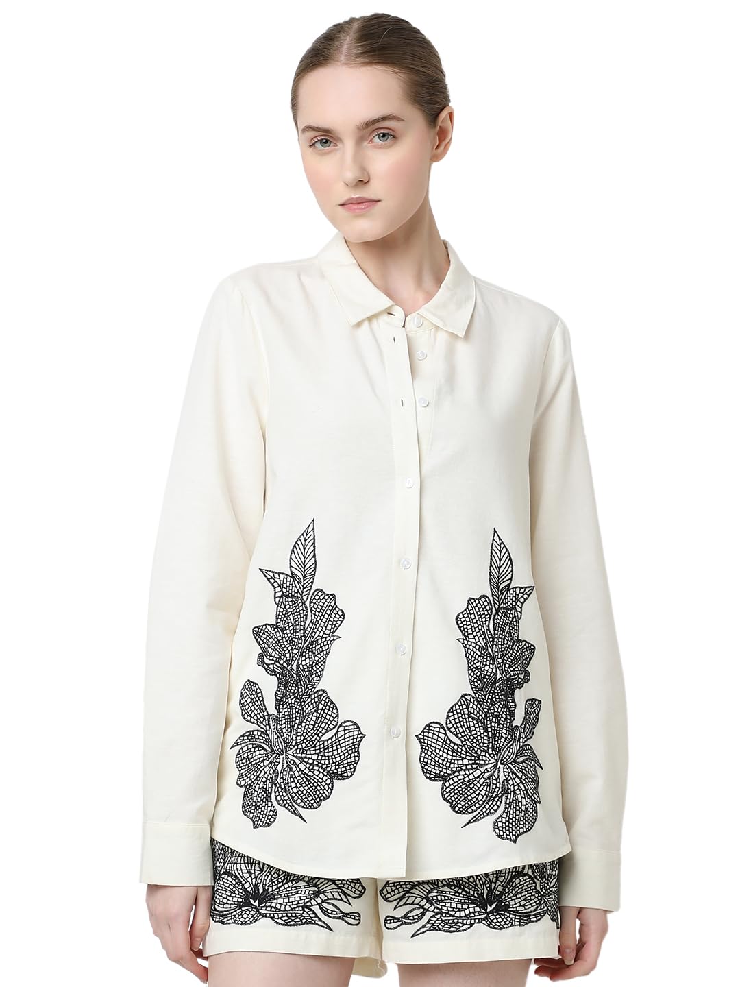 VERO MODA Women Embroidered Cream Cotton Regular Fit Shirt