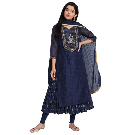 BIBA Women's Synthetic Yarndyed Fitted Salwar Kurta Dupatta(SKDFORMAL7204_NAVY_38)