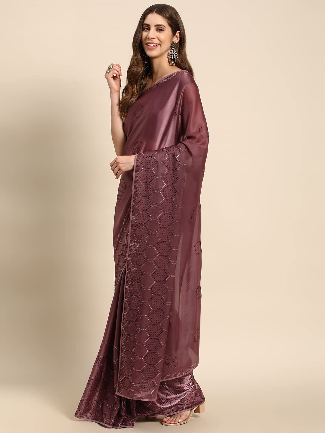 Rekha Maniyar Women's Heavy Swaroski Work Fancy Satin Magenta Saree With Unstitched Blouse Piece (MAGENTA)