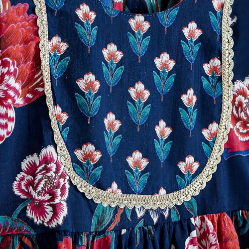 Hoscotch Girls Floral Navy 3/4th Sleeves 2 Piece Tulip Trail Cotton Kurti & Sharara For Ages (5-6 Years)