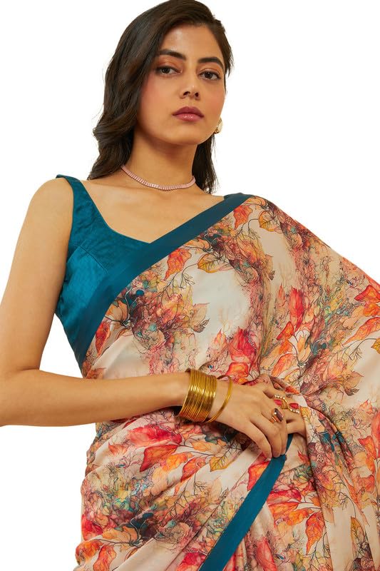 Soch Womens Indigo Botanical Print Crepe Saree