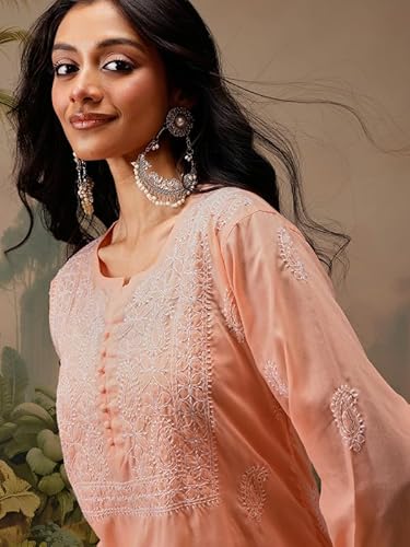 Ada Hand Embroidered Peach Cotton Short Kurta Kurti Lucknow Chikankari Top Tunic for Women A911465 (XL)