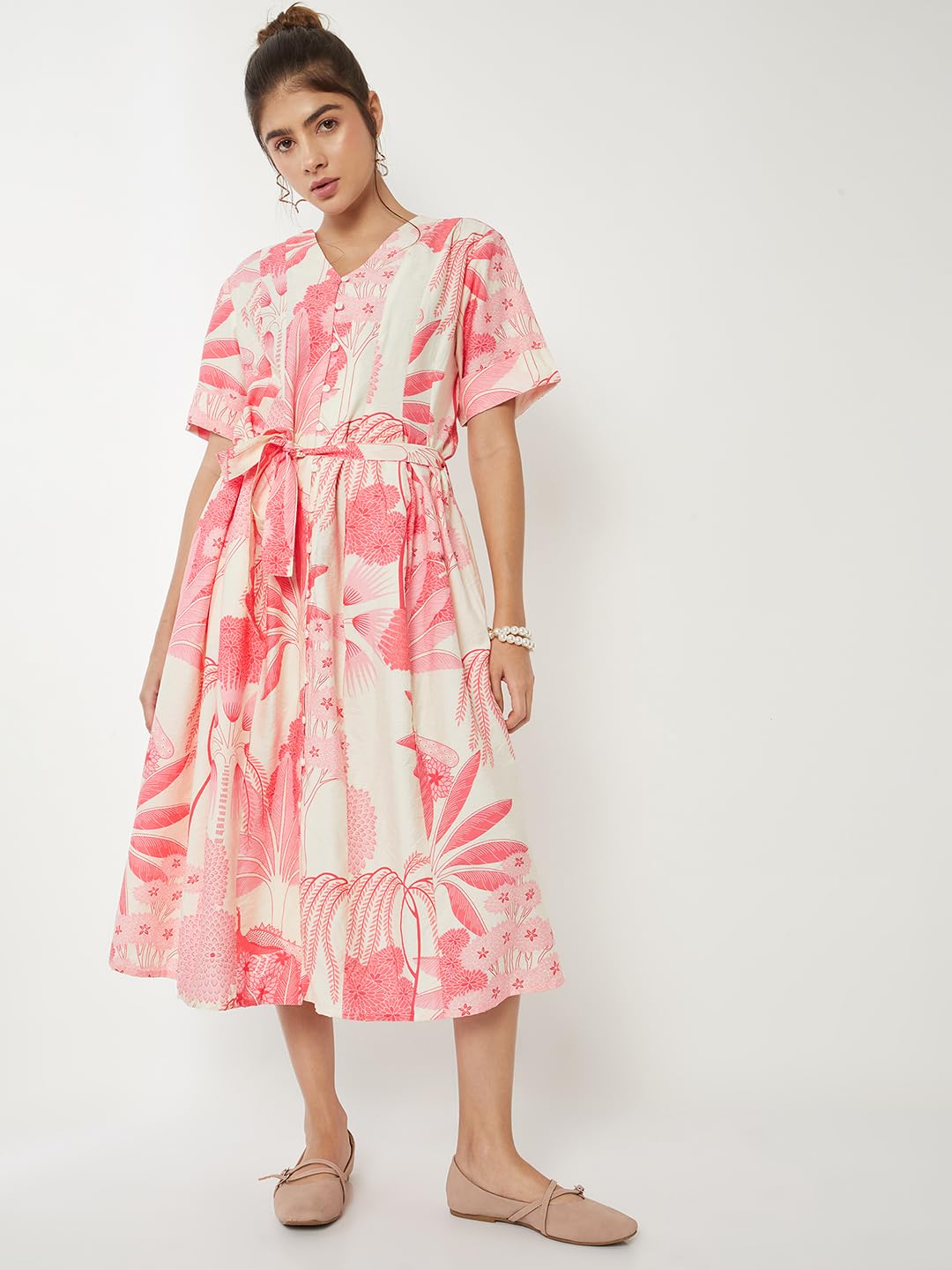 Max Women Floral Print A-line Dress(White_L)