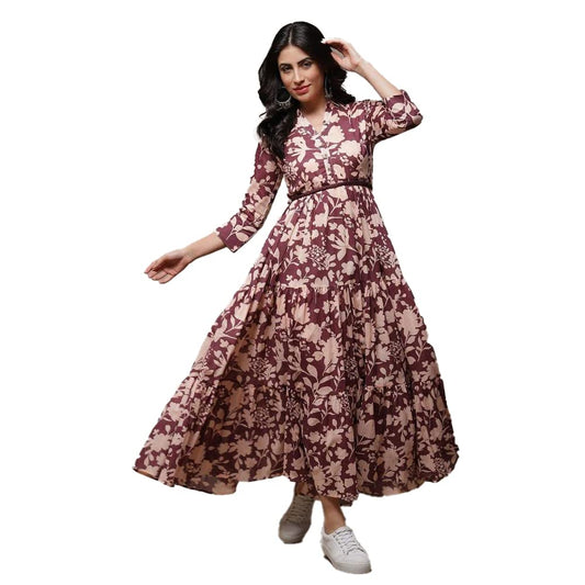 BIBA Women Printed Mix and Match Ankle Length Dress (Casual D1945_Purple_42)