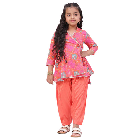 BIBA Girls Cotton Flared Printed Suit Set(KW5045E_15_Orange)