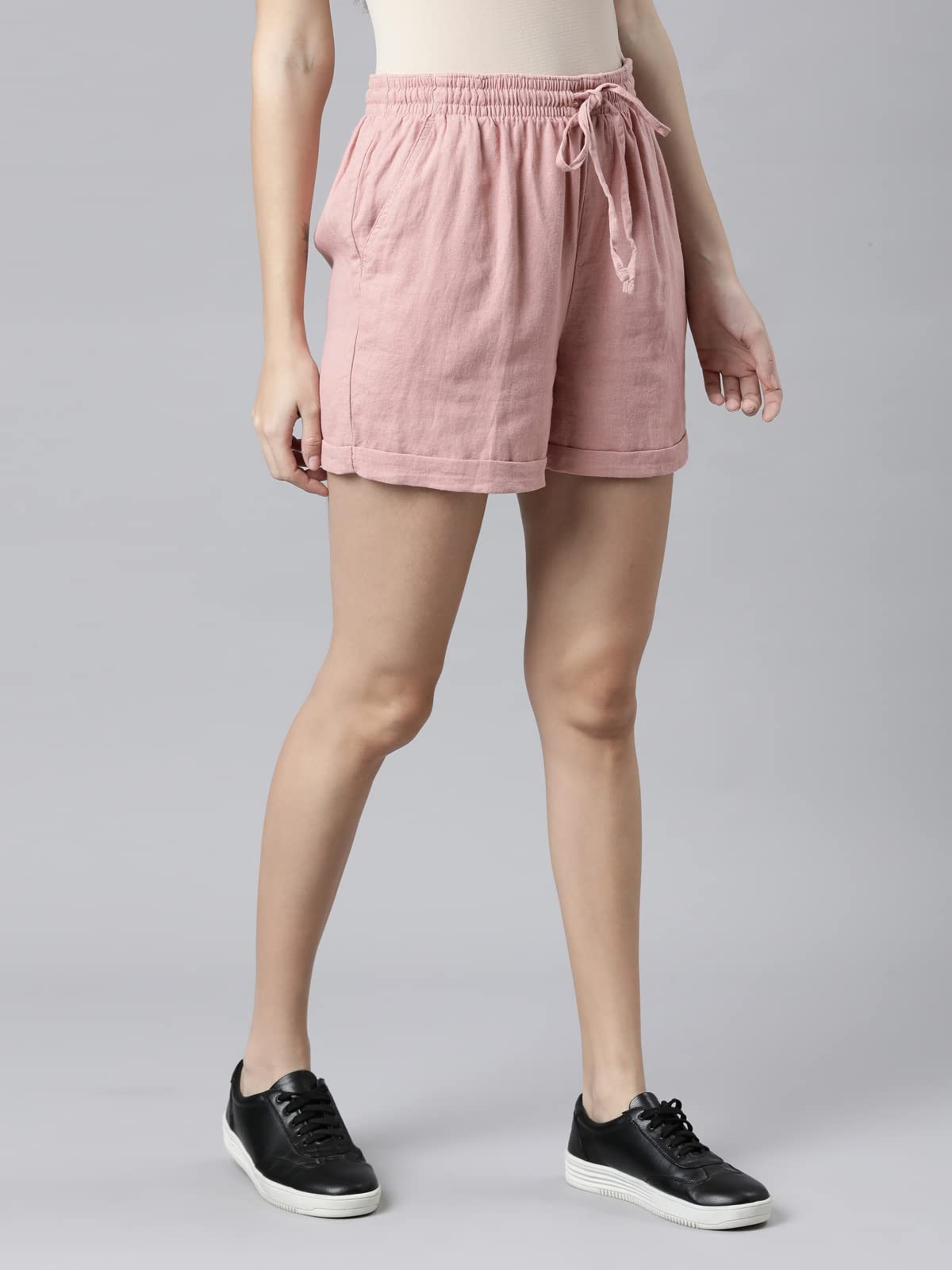 GO COLORS Women Medium Pinks High Rise Solid Linen Linen Shorts - L