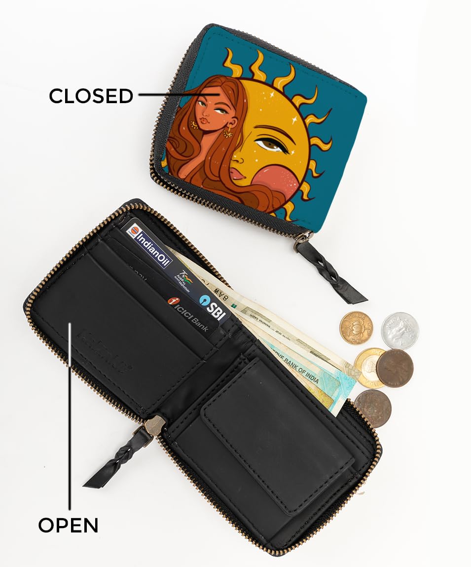 Kalankit Wallet for Women | Compact Vegan Leather Ladies Purse, Slim and Easy to Fit in Pocket with Card Slots, Cash & Coin Pocket | Small Bi-Fold Zip Wallets for Woman | The Child of Sun