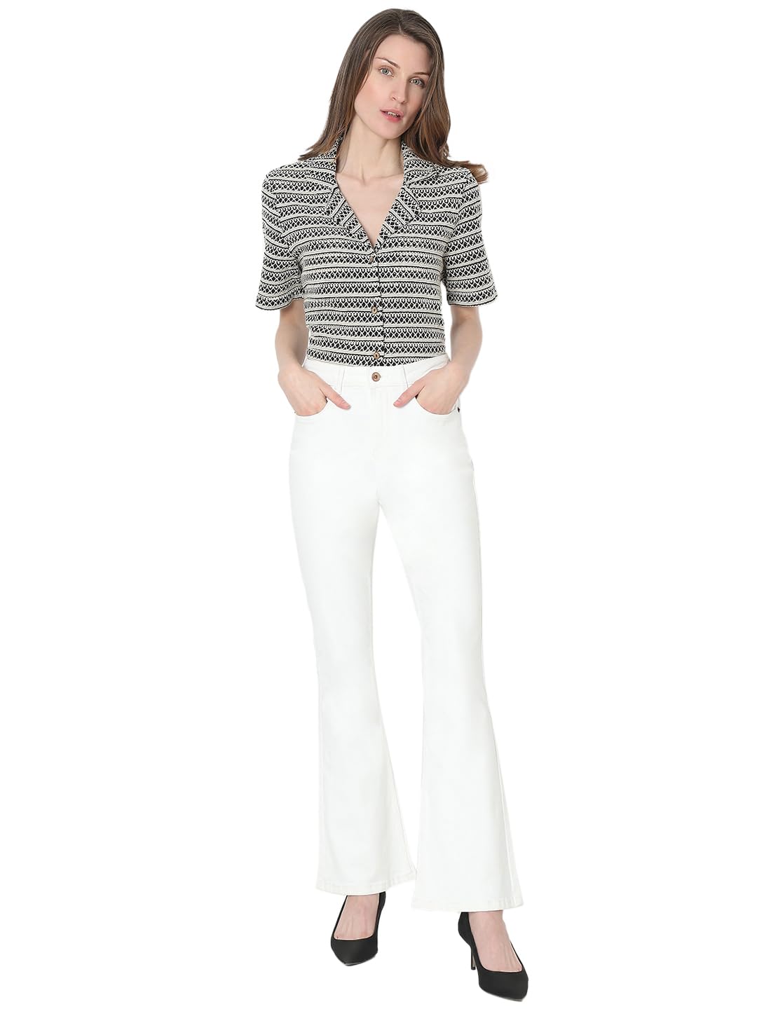 VERO MODA Women Solid White Cotton Flared High Rise Jeans