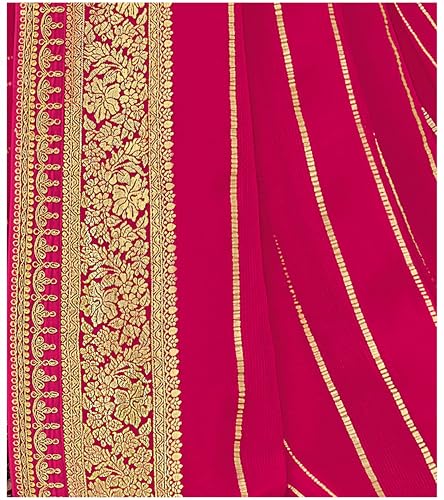 Laxmipati Firki Striped Printed & Zari Lace Border Georgette Saree in Dark Pink Color with Unstitched Blouse