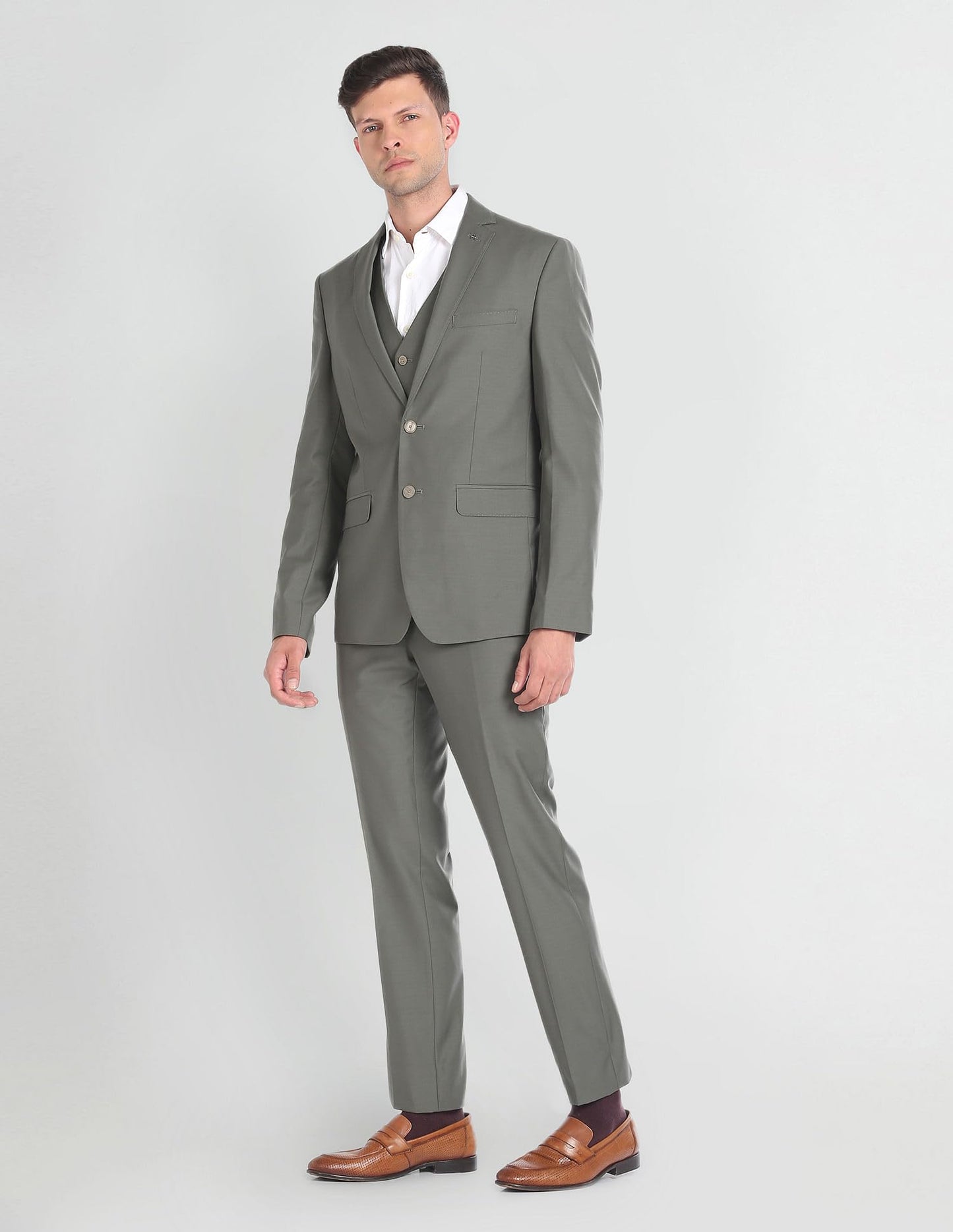 Arrow Men's Wool Single Breasted Business Suit Pants Set (ARAGSU5570_Olive