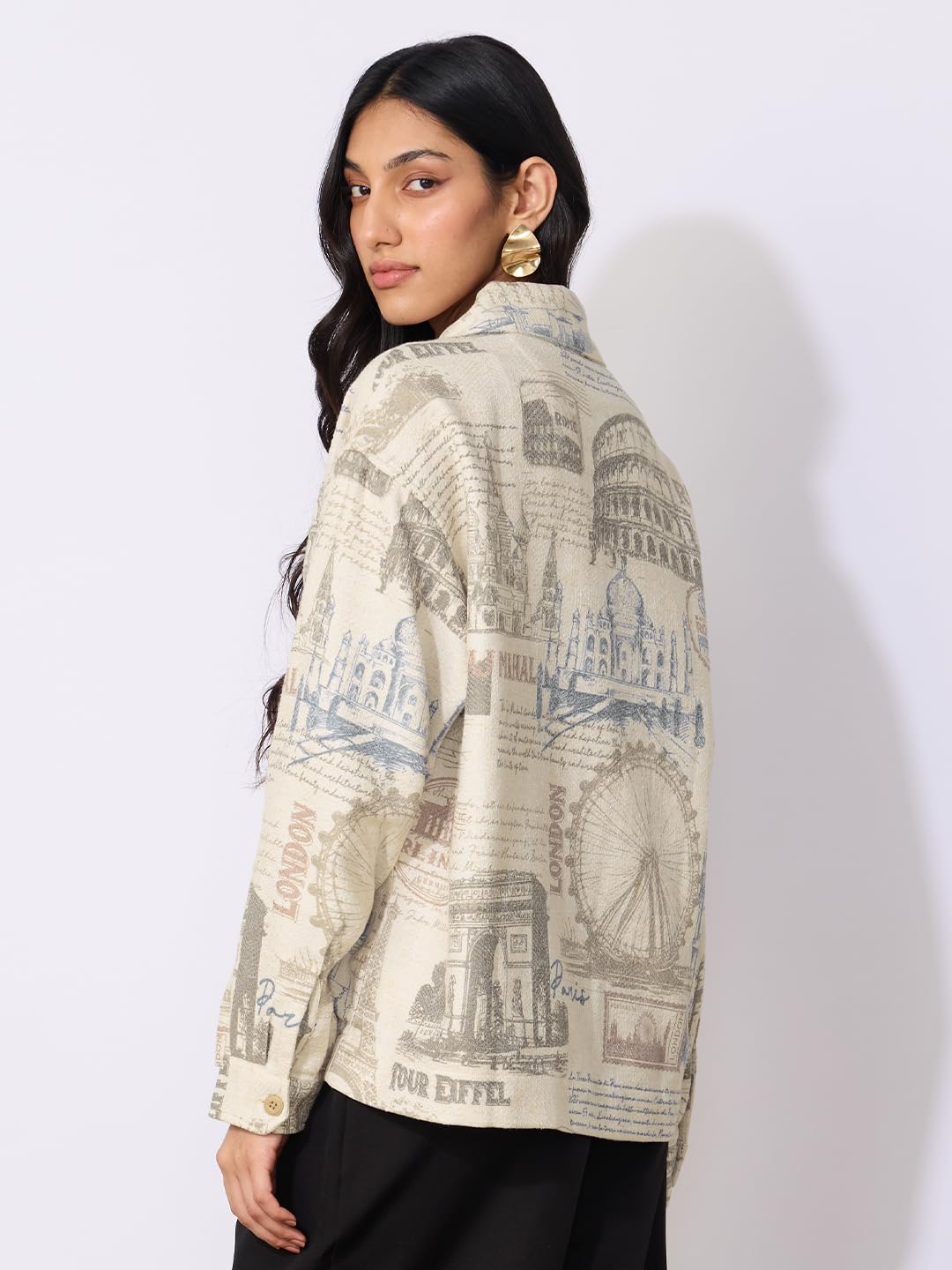 The Souled Store Monuments Women and Girls Long Sleeves Collared Neck Button Front Biege All Over Printed Cotton Boyfriend Shirts