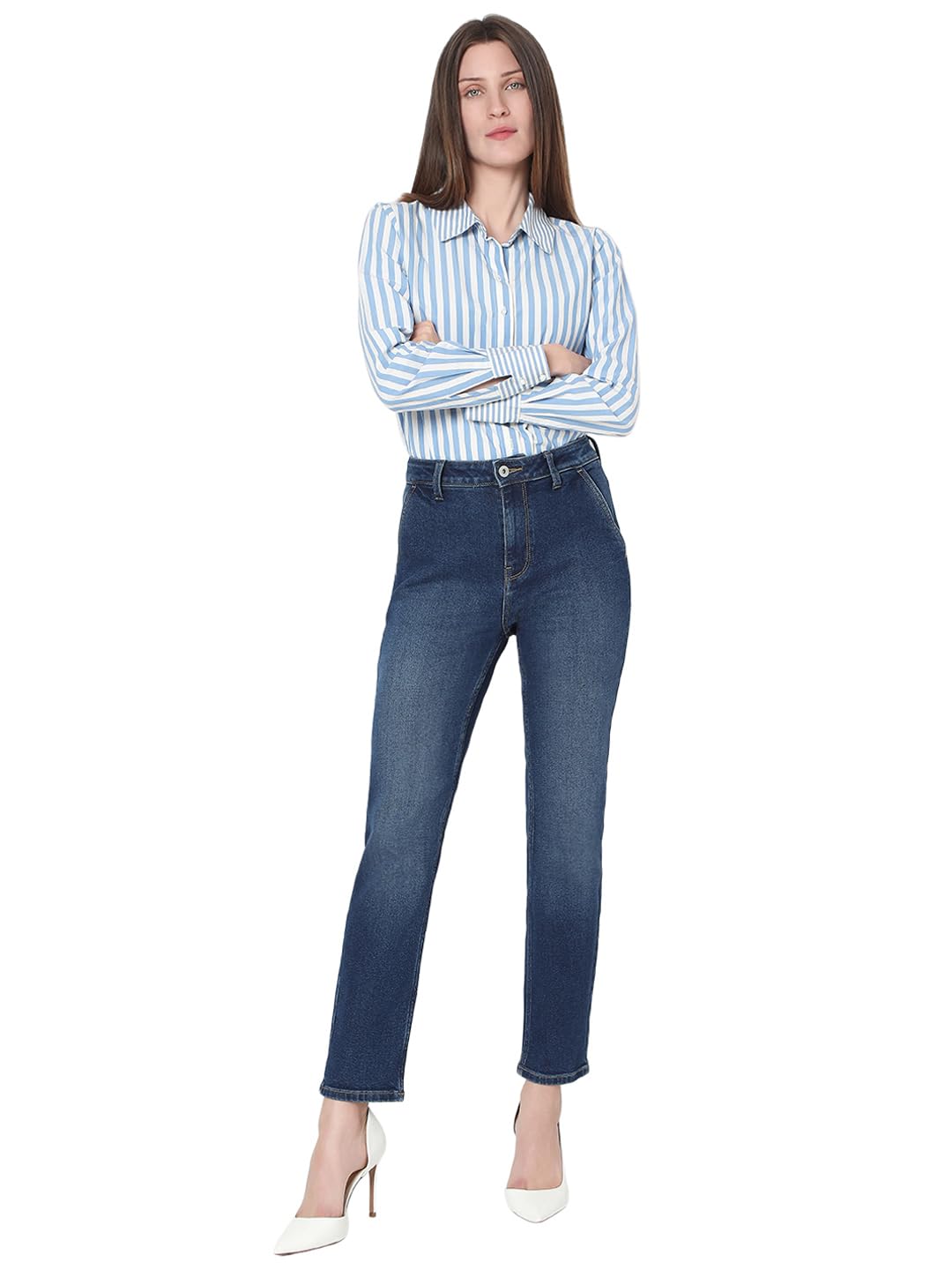 VERO MODA Women's Slim Fit High-Rise Dark Blue Jeans