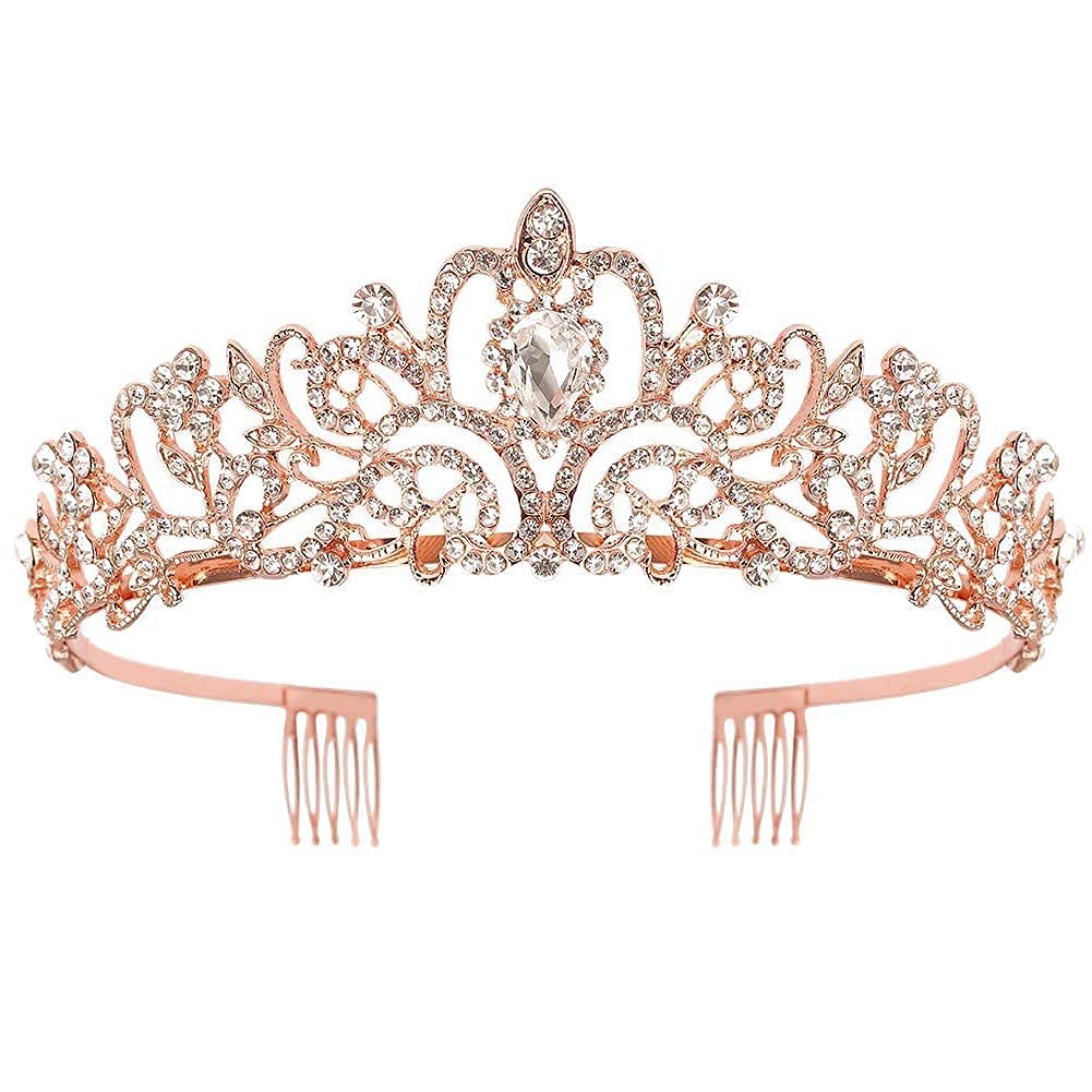 Shining Diva Fashion Crystal Tiara and Crown for Women Stylish Headband Crowns with Comb Tiaras for Girls Kids Queen Princess Wedding Bridal Birthday Gift Hair Accessories (Rose Gold) (rrsd15414hb)