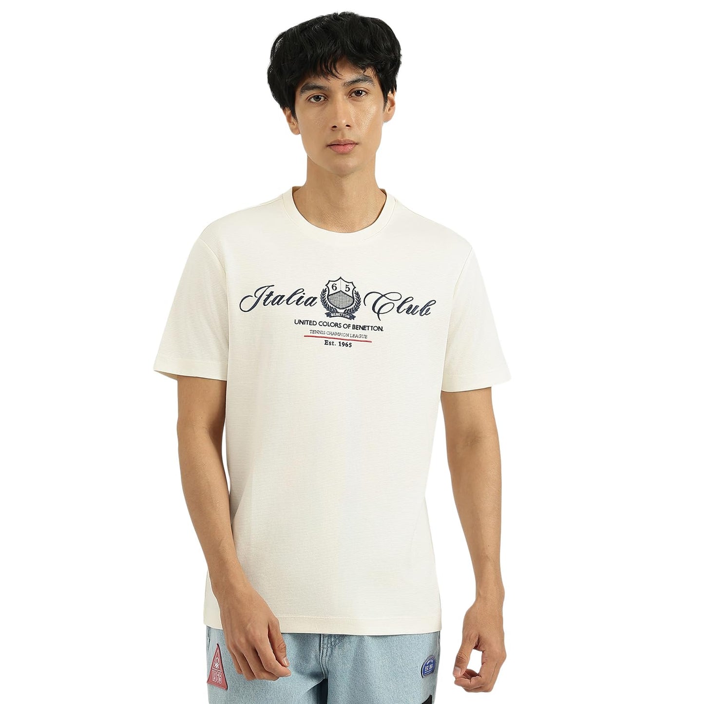 United Colors of Benetton Relaxed Fit Round Neck Embroidered T-Shirt (Size: L) - 25A3E99J3801I074 White