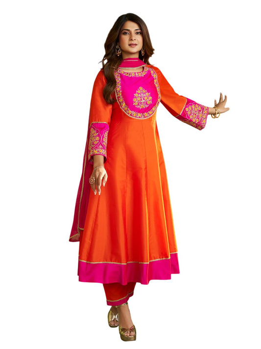 VARNI FABRICS: A lady's First Love Women's Orange & Pink Chanderi Cotton Anarkali Kurta Set With Embroidered Yoke, Dupatta, Ethnic Wear (IN, Alpha, XL, Regular)