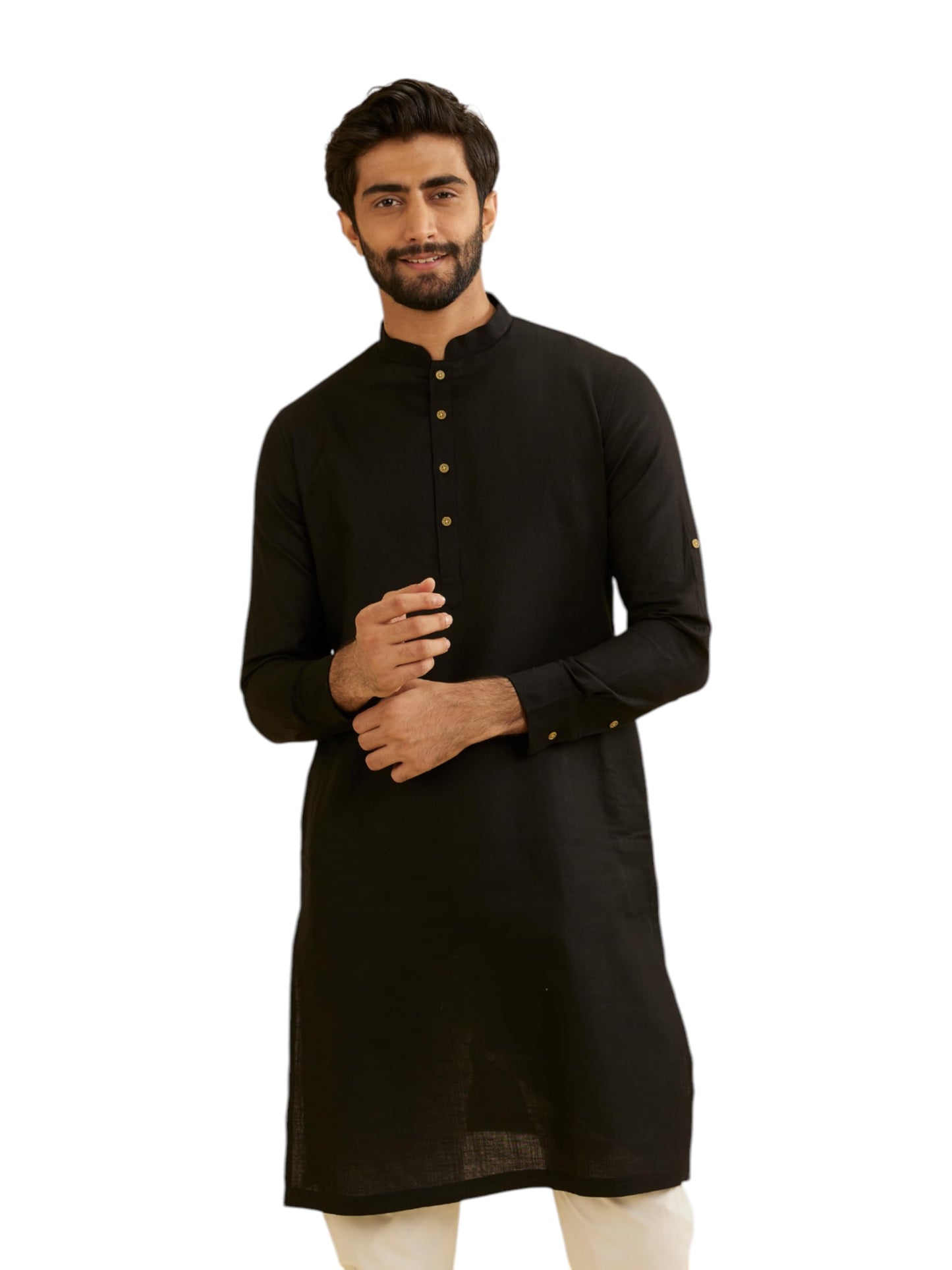 Manyavar Men's Cotton Solid Kurta (Black,L)