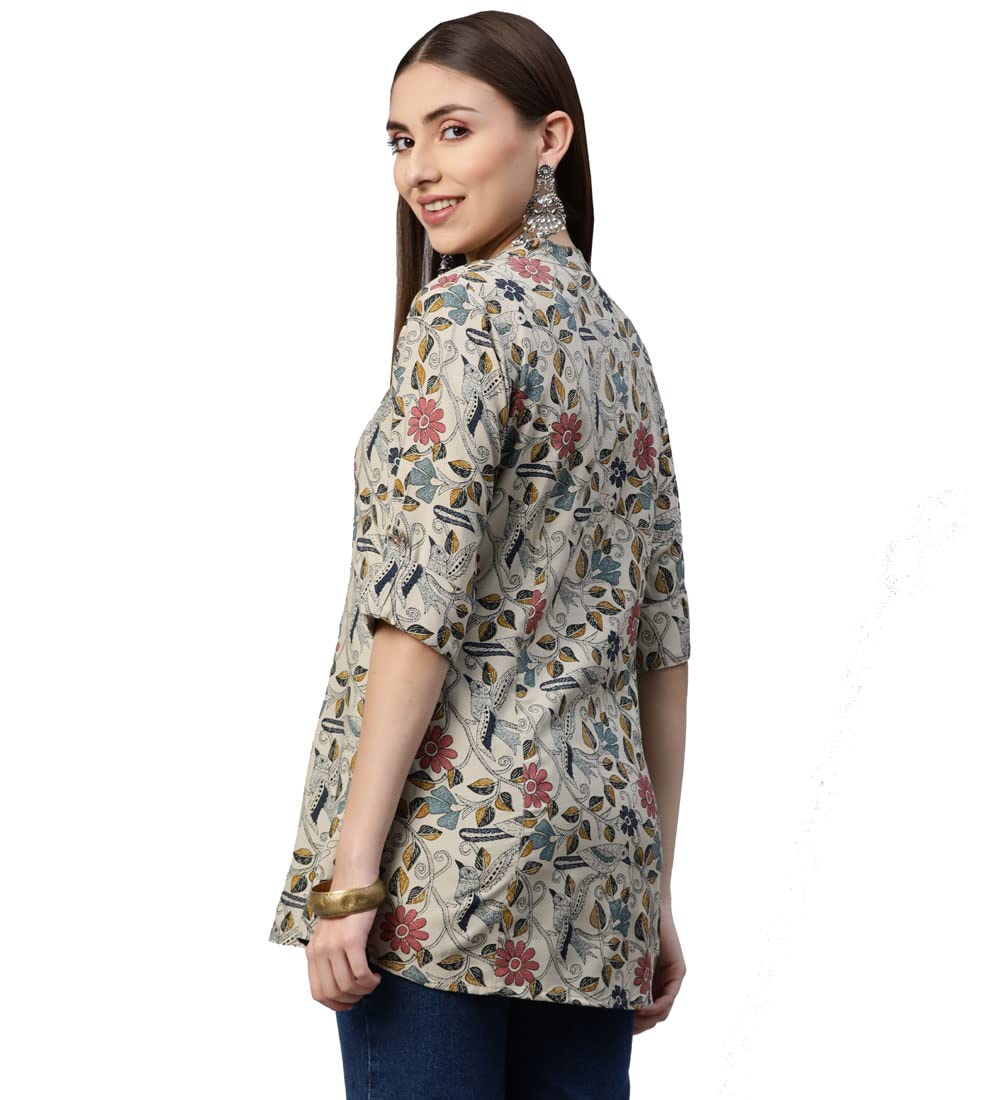 Divena Women Beige Multi Floral Rayon A-Line Regular Fit Shirts Style Top (Dbk0482-Xl)
