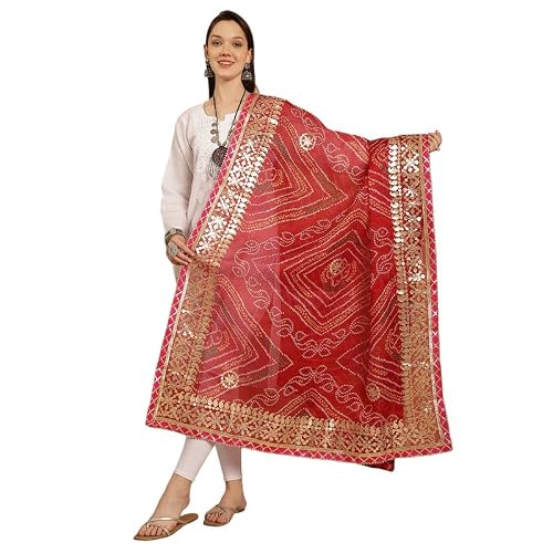 JABAMA Women's 2.3 Meter Cotton Kota Doriya Bandhej Dupatta for Women with Gota Patti Work – Lightweight Ethnic Dupatta for Kurti, Suit & Lehenga | Traditional Rajasthani Bandhani Design