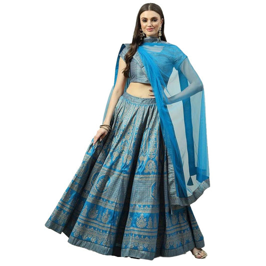 BIBA Women's Polyester Lehenga Set Readymade Printed Flared Salwar Kurta Dupatta(Skdfestive 8367_Turquoise_36)