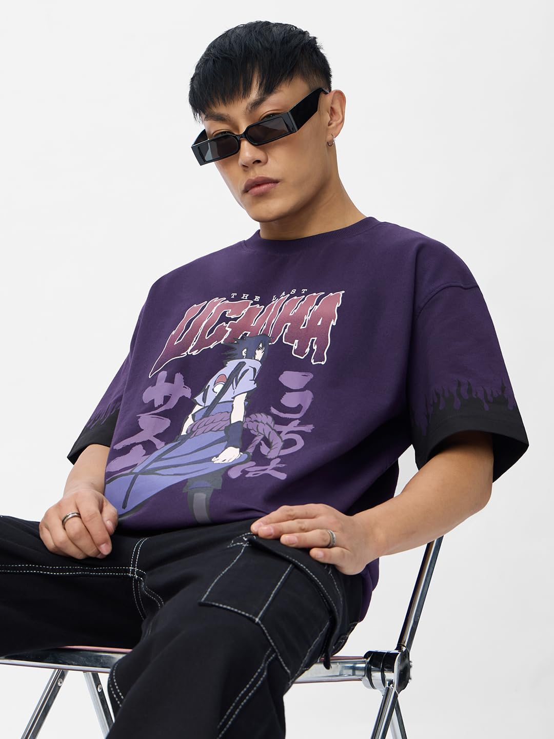 The Souled Store Naruto Shippuden: Uchiha Legacy Men and Boys Short Sleeves Round Neck Purple Graphic Printed Cotton Oversized T-Shirts