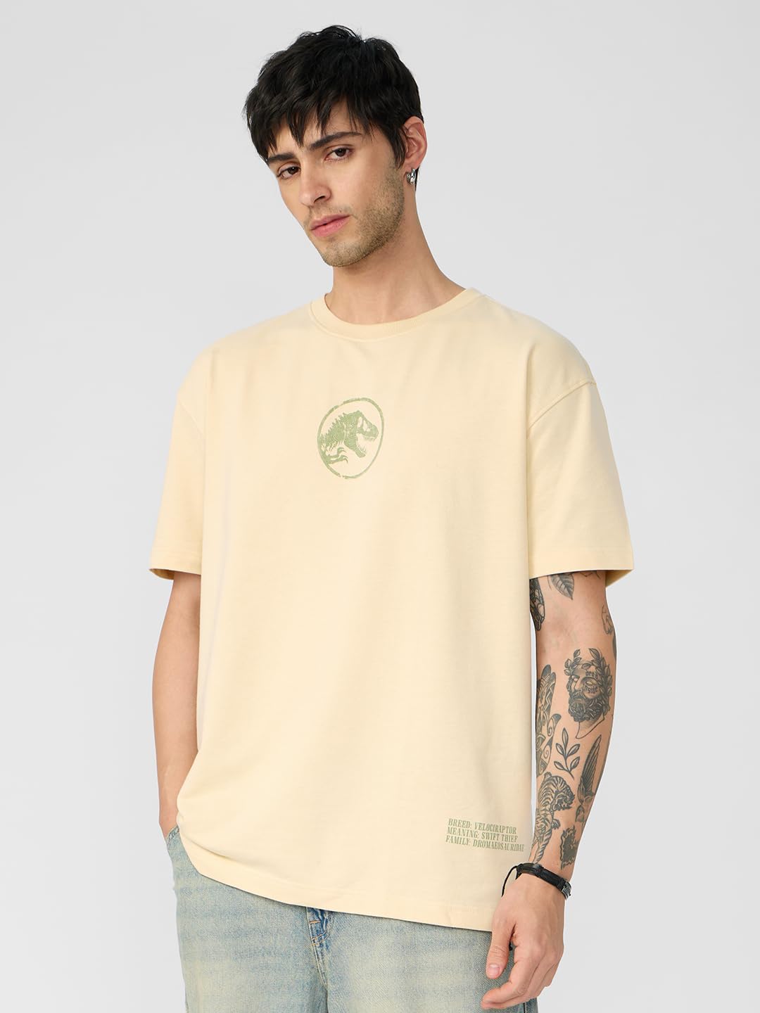 The Souled Store Jurassic World: Dino Park Men and Boys Short Sleeves Round Neck Off White Graphic Printed Cotton Oversized T-Shirts