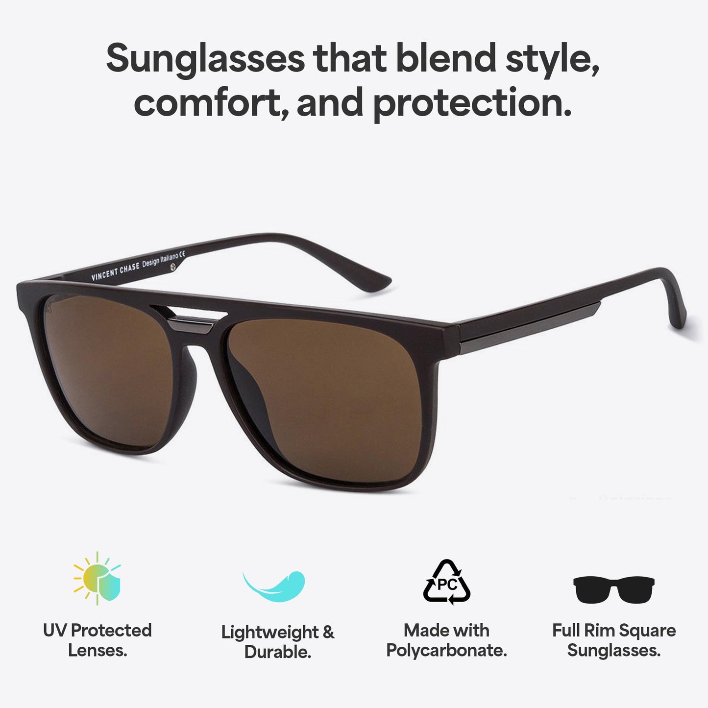 Vincent Chase By Lenskart | Matte Brown Full Rim Square| Polarized Stylish Sunglasses | 100% UV Protected | For Men & Women (Medium, Vc S12644)